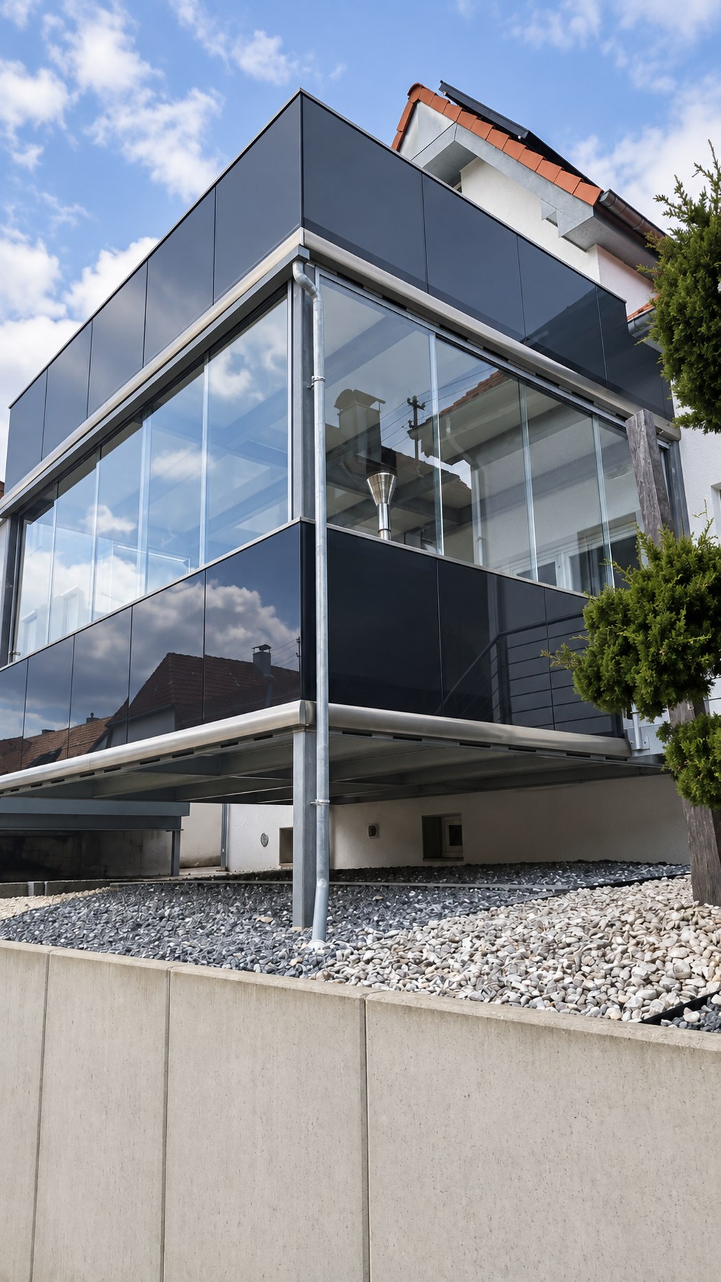 Verglaster Balkonanbau mit dunkler Aluminiumverkleidung, Ansicht schräg von unten.